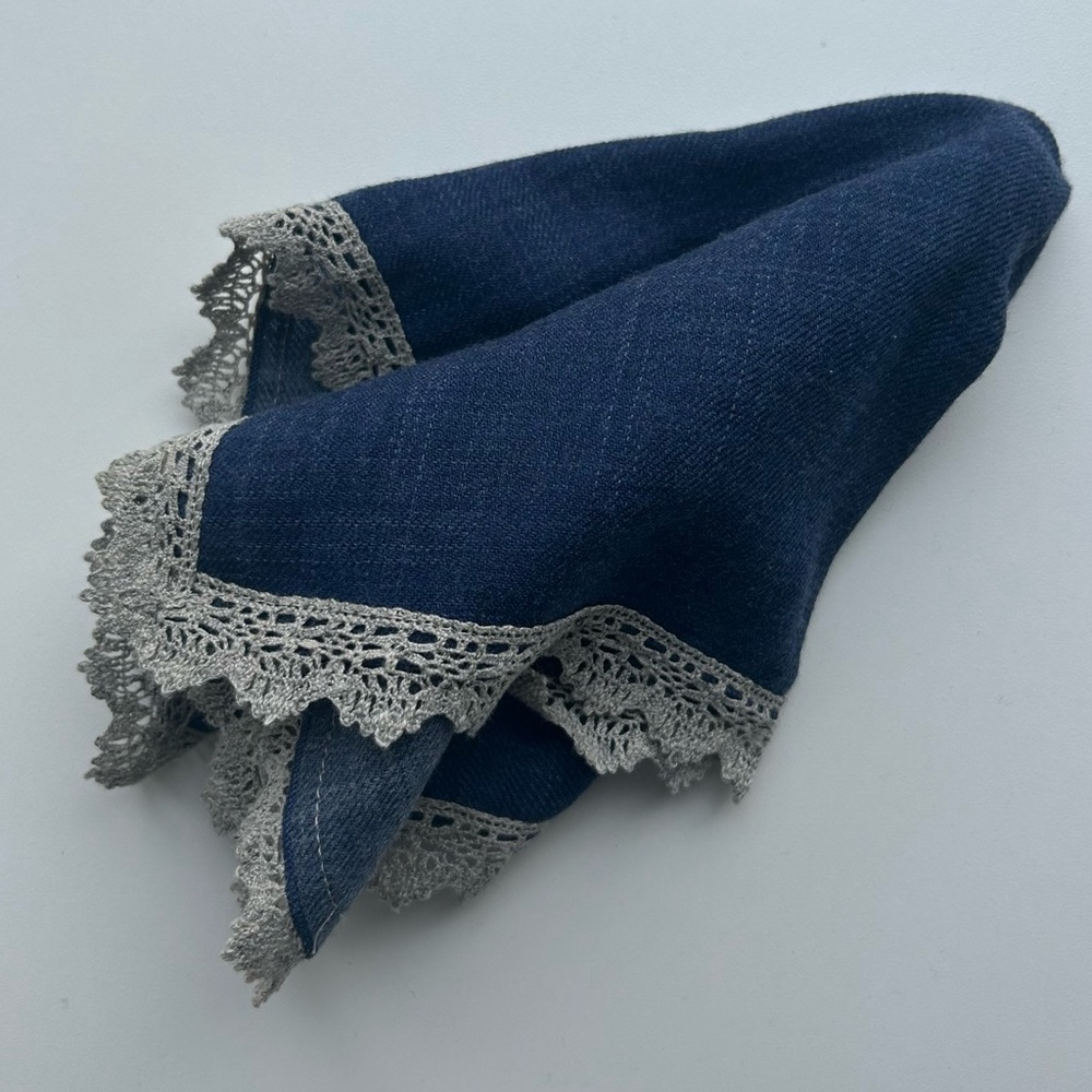 Blue Pocket Square with Beige Crochet Trim